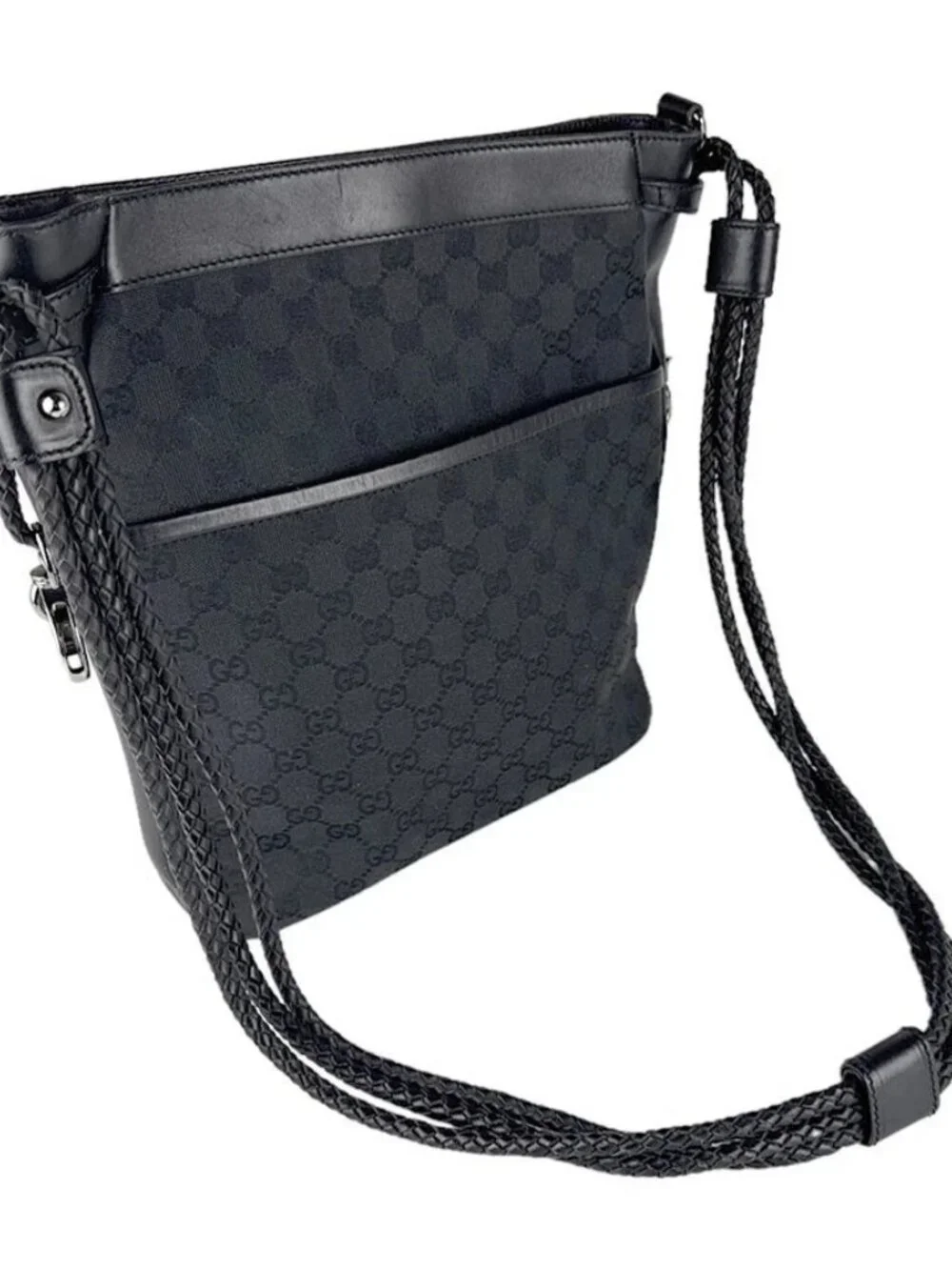 Auth GUCCI Shoulder Bag Black GG Canvas/Leather - z8723 - Picture 3 of 13
